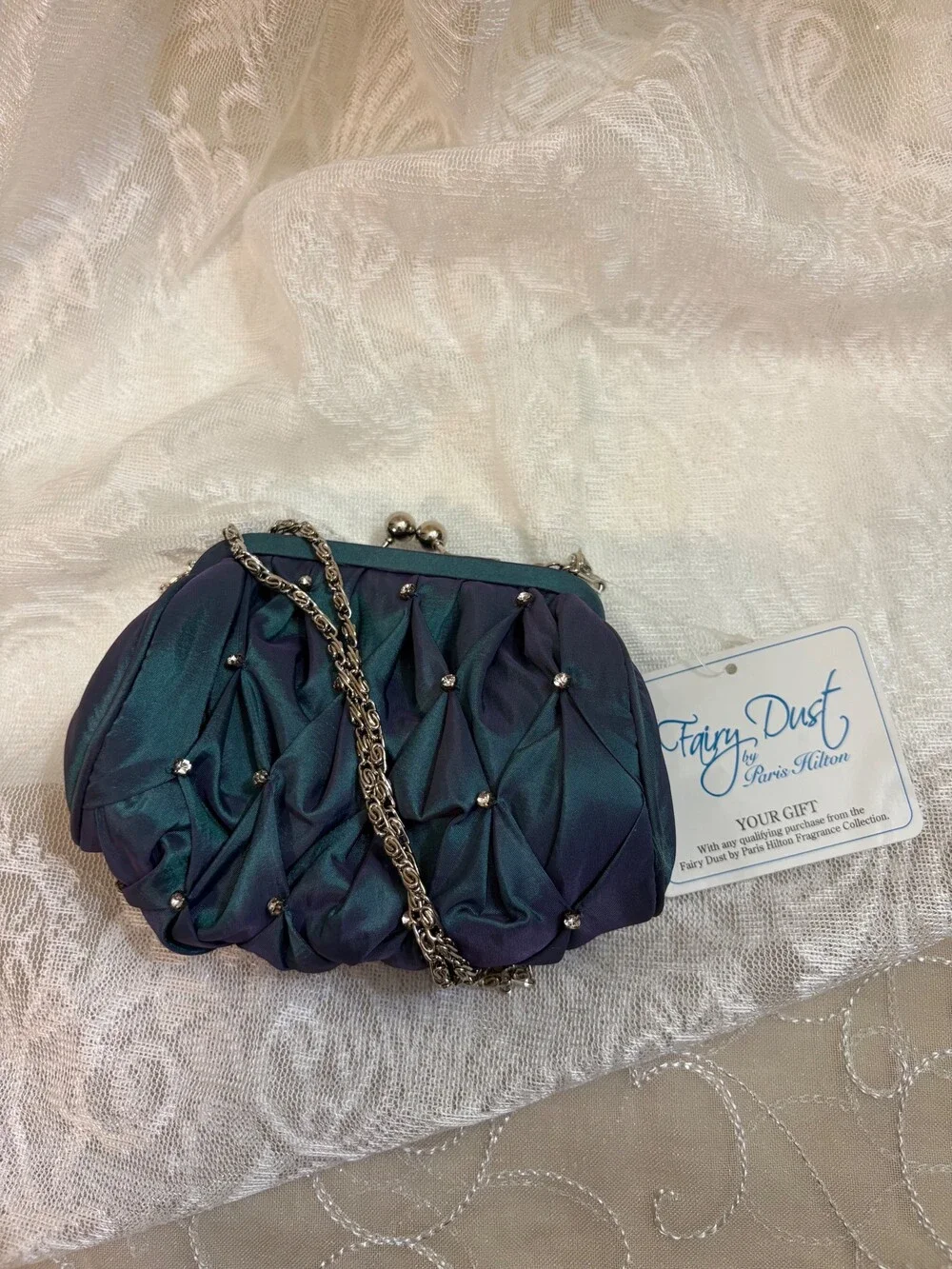 Fairy Dust by Paris Hilton Dark Teal Taffeta Clutch with Rhinestone Chain Strap
